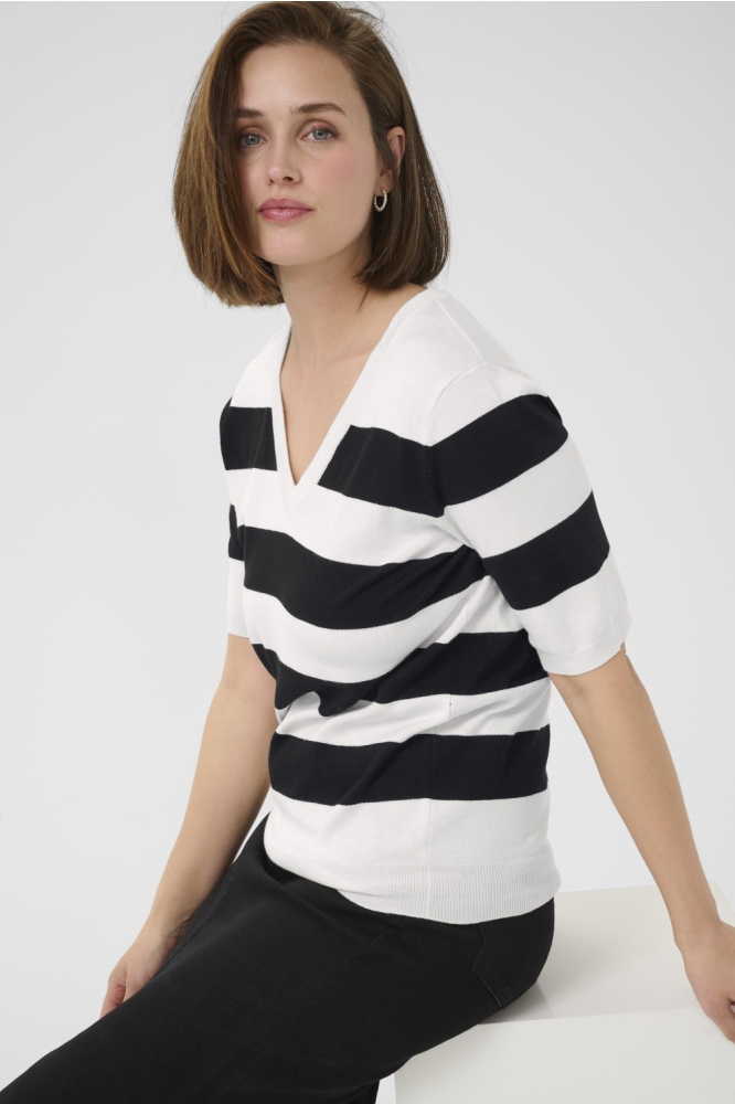 KALIZZA STRIPED V NECK 10510501 108166 TURTLEDOVE/BLACK BOLDSTRIPE